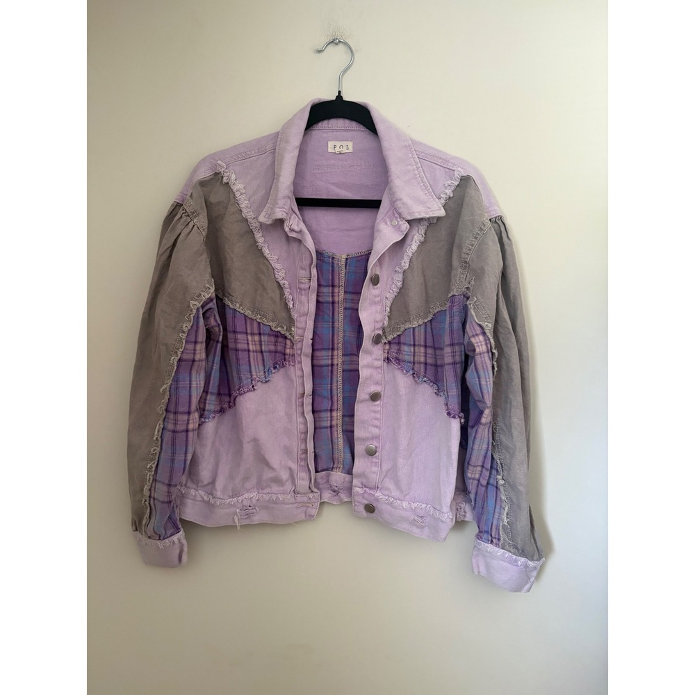 POL Becca Jacket Anthropologie Lavender Mixed Media Patchwork Denim Plaid Size S
